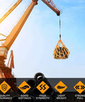 Heavy Duty Cargo Lifting Net 2X2M features beefy 15 cm mesh weave lifting a load with a crane against a blue sky.