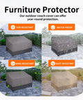 Heavy Duty 2 Seater Outdoor Loveseat Cover Waterproof Windproof With Air Vent 58 Inch Wide 32.5 Inch Deep 31 Inch High Gray Dark Gray Patio Furniture Sofa Cover Built Tough outdoors displaying sun, water, wind, and dust resistance features.