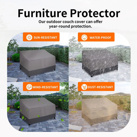 Heavy Duty 2 Seater Outdoor Loveseat Cover Waterproof Windproof With Air Vent 58 Inch Wide 32.5 Inch Deep 31 Inch High Gray Dark Gray Patio Furniture Sofa Cover Built Tough outdoors displaying sun, water, wind, and dust resistance features.