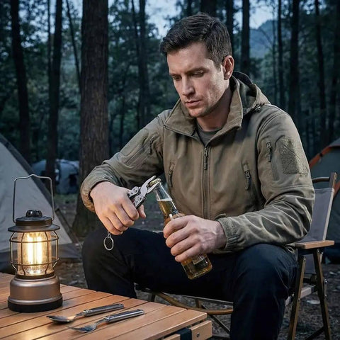 Man using Ultra Compact Mini Folding Multitool With Pliers And Wire Cutters Screwdrivers Bottle Opener outdoors at campsite