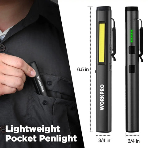 Rechargeable Penlight With 365Nm UV Black Light, 450 Lumen COB Flood Light Plus 120 Lumen Spotlight shown in pocket and features