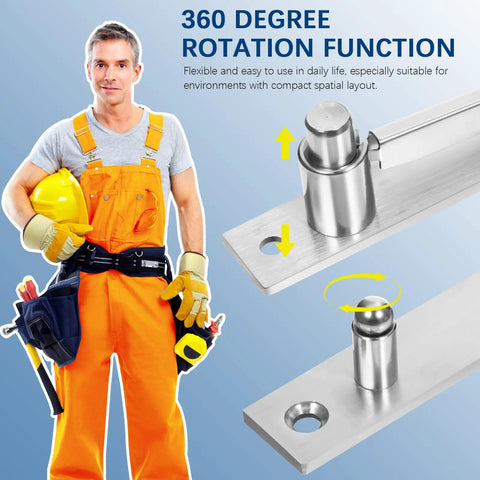 Heavy Duty Hidden Door Pivot Hinge For Wood Doors Provides Full Rotation Concealed Door Hinges Silver Steel Finish showing 360 degree rotation function.