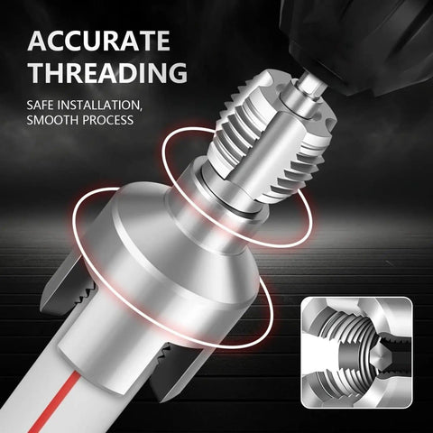 Close-up of Integrated Internal And External Pipe Threading Tool For Half Inch And Three Quarter Inch Pipes That Quickly Stops Leaks
