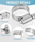 All Purpose Hose Clamps Kit For Plumbing, Automotive And Mechanical Projects, Heavy Duty Adjustable Worm Gear Clamps In 0.25 To 2 Inches (6 To 51 Millimeters), 304 Stainless Steel Assorted Sizes For Tight Leak Free Fits, showing details and parts.
