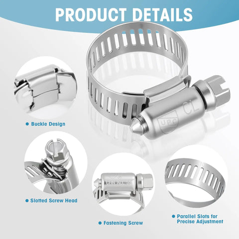 All Purpose Hose Clamps Kit For Plumbing, Automotive And Mechanical Projects, Heavy Duty Adjustable Worm Gear Clamps In 0.25 To 2 Inches (6 To 51 Millimeters), 304 Stainless Steel Assorted Sizes For Tight Leak Free Fits, showing details and parts.
