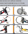 Heavy Duty Job Site Ready Automatic Wall Cut Off Saw With Plug And Play Remote Track For Dead Solid Concrete Brick Tile Grooving 150W Orbital Rotary Chaser showcasing various compatible ring saws for wall cutting.