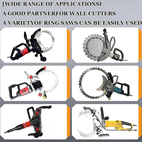 Heavy Duty Job Site Ready Automatic Wall Cut Off Saw With Plug And Play Remote Track For Dead Solid Concrete Brick Tile Grooving 150W Orbital Rotary Chaser showcasing various compatible ring saws for wall cutting.