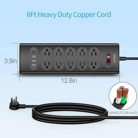 Power Strip With 20W USB C PD Fast Charge, 10 AC Outlets And 4 USB Ports, 6Ft Heavy Duty Extension Cord, Flat Plug