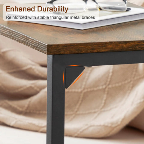 Close-up of reinforced metal frame on C Shaped End Tables Set Of 2 That Slide Under Your Sofa, rustic brown, Model HET02BBR