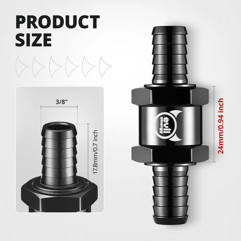 Front view: EVIL ENERGY inline fuel check valve, black, 3/8 in hose barb, 10 mm OD, 2-pack