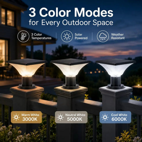 Solar Powered Post Cap Lights Outdoor Dusk To Dawn Auto On Off 400 Lumen Lanterns for posts with three color modes.