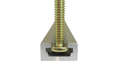 Close-up of Set Of Four Premium Aluminum T Slot Track Rails Twenty Four Inches Long With A Deep Three Eighth Inch Channel.