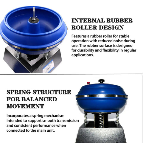 Top view of blue 6L electric vibratory tumbler, rubber roller, spring structure for stability, for polishing and rust removal