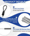 Close-up of Tough As Nails Security Steel Cable with Snap Hook, PVC coated, showing double-loop design and 7x7 strand structure.
