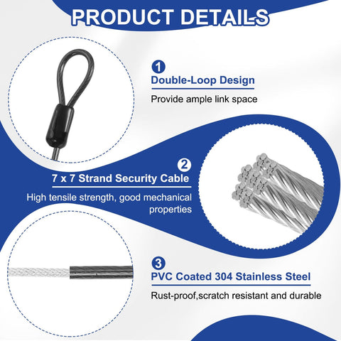 Close-up of Tough As Nails Security Steel Cable with Snap Hook, PVC coated, showing double-loop design and 7x7 strand structure.