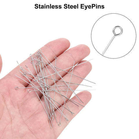 Stainless Steel Eye Pins 200 Pieces 0.8mm 22 Gauge 70mm Flat Headpins For Jewelry Making DIY Beads Necklaces Earrings Bracelets Bead Links Silver Perfect For Creating Bold Dangle Jewelry, silver eye pins in hand