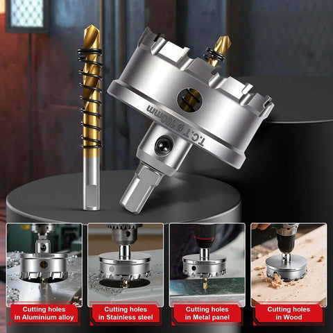 BEoffer 4-inch TCT hole saw set with 100 mm tungsten carbide tipped cutter and spring-loaded pilot bits