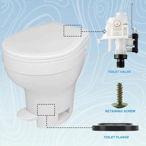 Freeze Resistant RV Toilet Water Valve Kit For Aqua-Magic V High And Low RV Toilets with valve, screw, and flange details.