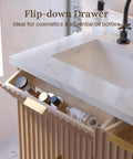 60 Inch Freestanding Double Sink Bathroom Vanity With White Quartz Countertop And Fluted Wood Finish showing flip-down drawer for storage.