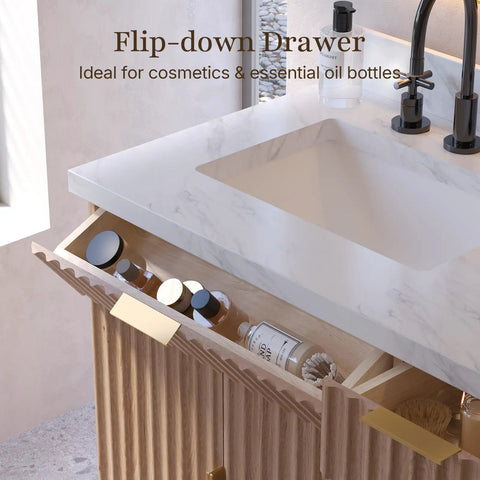 60 Inch Freestanding Double Sink Bathroom Vanity With White Quartz Countertop And Fluted Wood Finish showing flip-down drawer for storage.