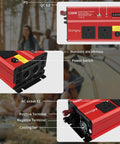 Heavy Duty 1200W Car Power Inverter 12V To 110V AC Converter shown with AC outlets, USB-C ports, and power switch.