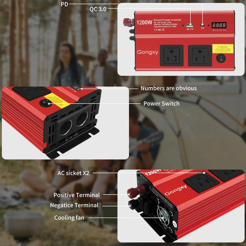 Heavy Duty 1200W Car Power Inverter 12V To 110V AC Converter shown with AC outlets, USB-C ports, and power switch.