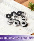 Front view of stainless steel and black EPDM bonded sealing washers for screws and bolts.