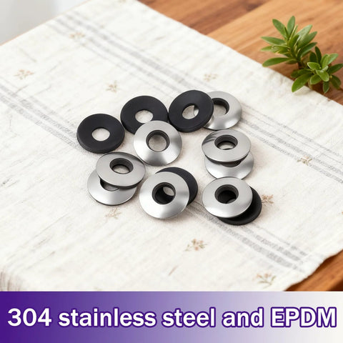 Front view of stainless steel and black EPDM bonded sealing washers for screws and bolts.