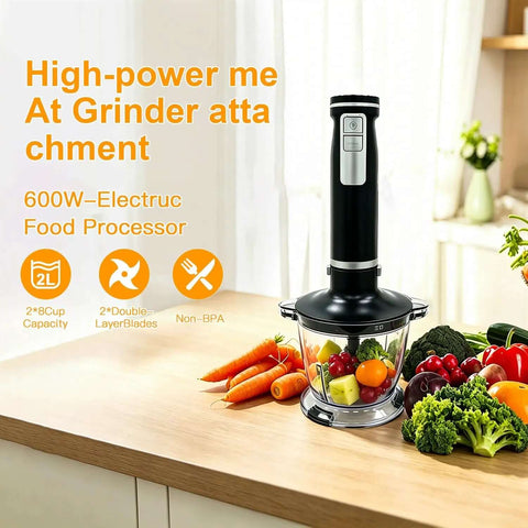 Electric Hand Mixer And Immersion Blender With Six Attachments Including Wire Whisk Milk Frother And Food Chopper Heavy Duty kitchen tool with veggies on wooden table.