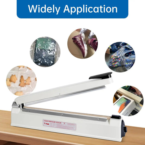Heavy Duty Impulse Heat Sealer With 12 Inch Seal Bar And Built In Cutter Adjustable Temp For Plastic Bags Zero Hassle Easy Packaging Tool, shown on a table with various packaged items.