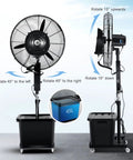 Heavy Duty Portable Misting Oscillating Floor Fan Featuring Three Speed Adjustable Cool Spray System And Ninety Degree Wide Airflow Coverage To Keep You Chill All Summer Long with misting tank and adjustable angles.