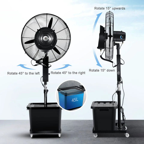 Heavy Duty Portable Misting Oscillating Floor Fan Featuring Three Speed Adjustable Cool Spray System And Ninety Degree Wide Airflow Coverage To Keep You Chill All Summer Long with misting tank and adjustable angles.