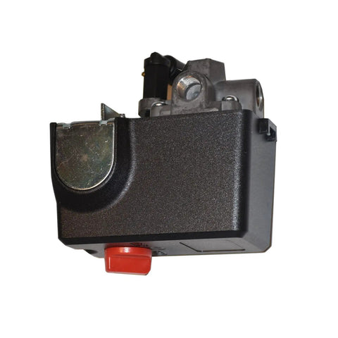 Pressure Switch Replacement For Craftsman Air Compressor 120-150 PSI, black housing, red button, metal components visible.