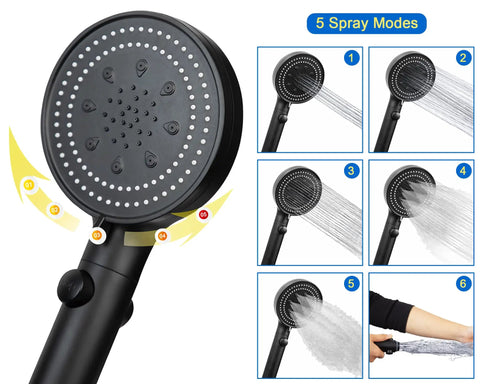 High Pressure Handheld Shower Head With 5 Settings, 78 Inch Leakproof Stainless Steel Hose, showing spray mode options