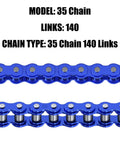 35 Chain With Chain Breaker For Mini Bikes And Go Karts 140 Links Heavy Duty Chain, close-up view, blue links.