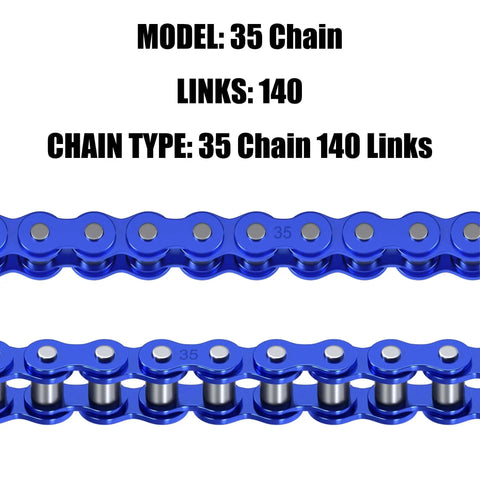 35 Chain With Chain Breaker For Mini Bikes And Go Karts 140 Links Heavy Duty Chain, close-up view, blue links.