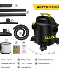 Wet Dry Vacuum With 10 Gallon Tank, 4 HP Motor, 16 Ft Cleaning Reach, Workhorse Shop Vacuum parts and attachments displayed