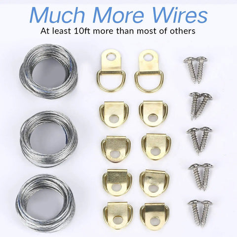 Heavy Duty Picture Hanging Kit With 225 Pieces Of Frame Hooks Nails Hanging Wire Screw Eyes D Rings And Sawtooth Hangers For Easy No Fuss Wall Mounting Of Art And Photos showing wires, D-rings, and screws