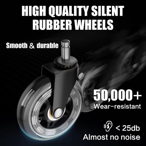 Close-up of quiet rubber wheels for Big And Tall Office Chair With Quiet Wheels Heavy Duty Boss Style Office Chair Extra Wide Seat And Thick Cushions Built In Footrest 90 To 135 Degree Recline Linkage Armrests Brown