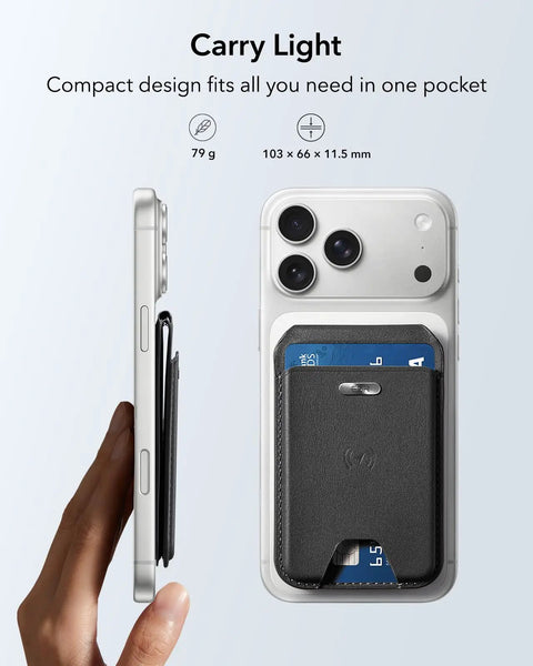 Side view of iPhone with MagSafe Wallet With Find My For iPhone 17e 17 16 15 14 13 12 Series 5 Card Holder RFID Blocking Adjustable Stand