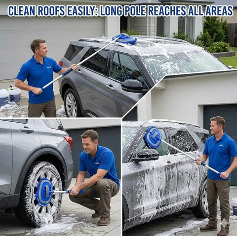 Man using 62 Inch Car Wash Brush Kit With Long Reach Handle And Chenille Microfiber Mop Mitt to clean SUV.