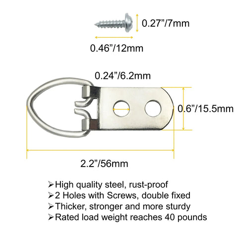 Heavy Duty D Ring Steel Picture Hangers With Screws 20 Pack Double Hole Clips For Frames Photos Paintings Mirrors Clocks Artworks Durable Rustproof Waterproof Mounting For Wall Decor