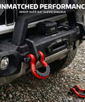 Beefed Up Heavy Duty D Ring Shackle Three Quarters Inch For Jeep And Truck Towing And Off Road Recovery, Drop Forged Steel, 45,000 Lb Breaking Strength, 4.75 Ton Tow Capacity, Screw Pin, Built For Trail Recovery And Heavy Duty Pulls, red 3/4-inch D-ring shackle on Jeep bumper