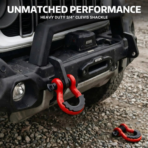 Beefed Up Heavy Duty D Ring Shackle Three Quarters Inch For Jeep And Truck Towing And Off Road Recovery, Drop Forged Steel, 45,000 Lb Breaking Strength, 4.75 Ton Tow Capacity, Screw Pin, Built For Trail Recovery And Heavy Duty Pulls, red 3/4-inch D-ring shackle on Jeep bumper