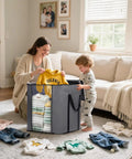 Ultra Roomy 120L Breathable Blanket Storage Bag For King Comforters Bedding And Pillows with folded clothes, gray, reinforced handles.