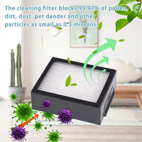 Must Have All In One Replacement Parts Kit For Roomba E And J Series Robots Featuring Multi Surface Rubber Brush Edge Sweeping Brush And High Efficiency Filter Compatible With I7 I7 Plus I3 I4 I6 I8 E5 E6 J7 J7 Plus Models showing a high-efficiency filter blocking particles