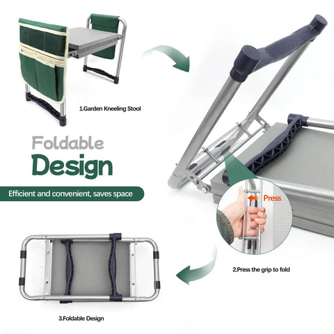 Heavy Duty Garden Kneeler And Seat With 11.5 Inch Wide Pad, Foldable Stool With Dual Tool Bags, folding demonstration
