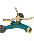 Three Arm Metal Lawn Sprinkler With Wheel Base For Garden Irrigation Full Circle Coverage Up To Fifty Feet Diameter Even Water Distribution