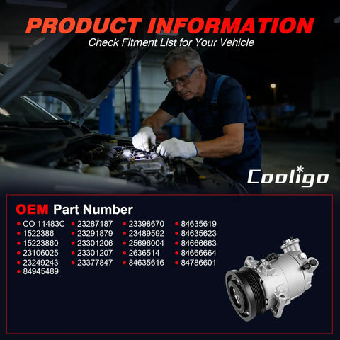 Pro Grade AC Compressor With Clutch And Five Groove Pulley Fits Chevy Equinox 1.5L 2018 2019 2020 showing fitment information.