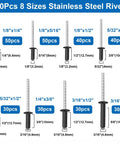 300pcs 8 sizes stainless steel rivets shown with measurements and quantities for diverse applications.